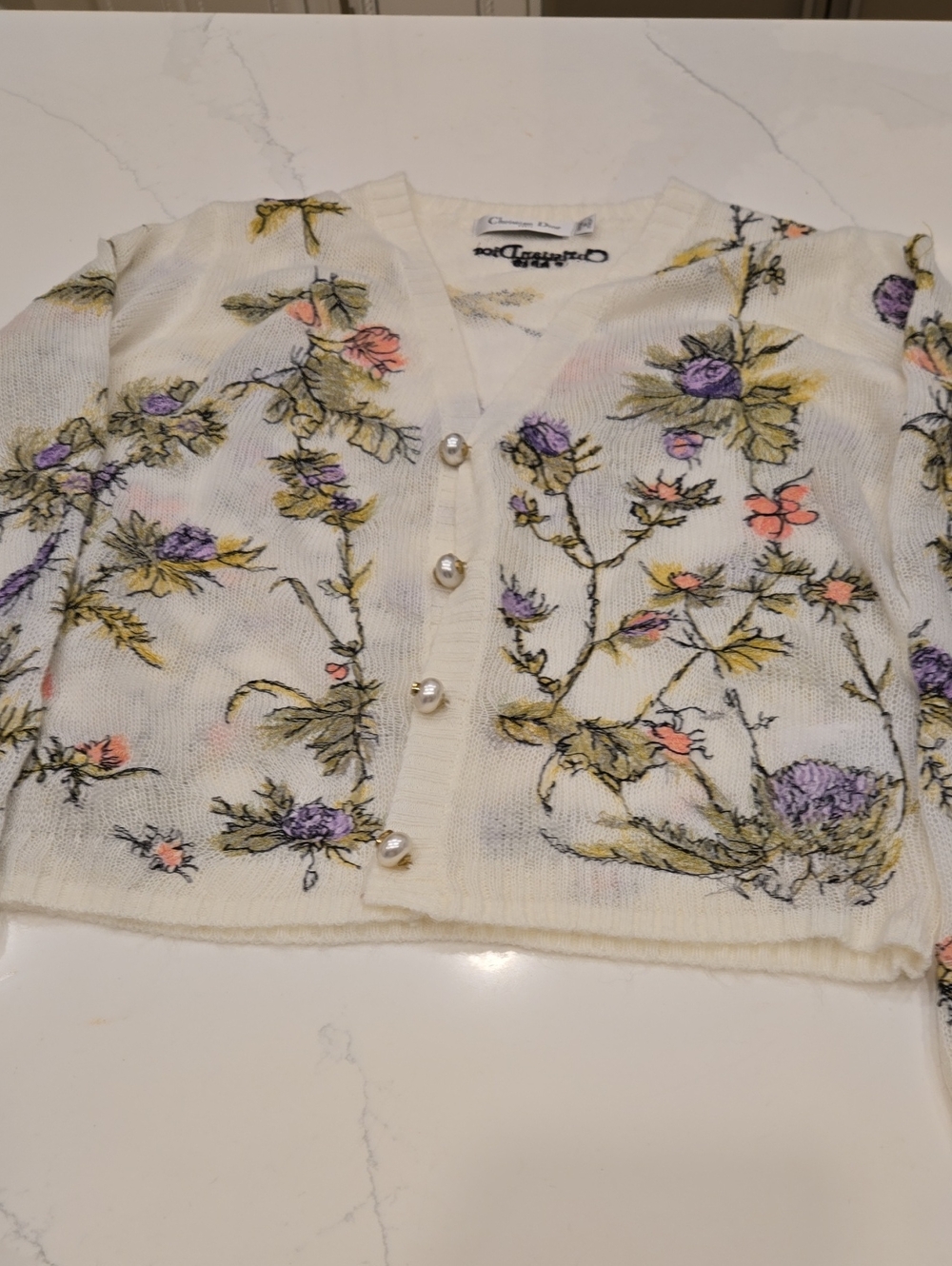 Dior White Floral Pearl-Button Cardigan with Purple & Pink Blooms